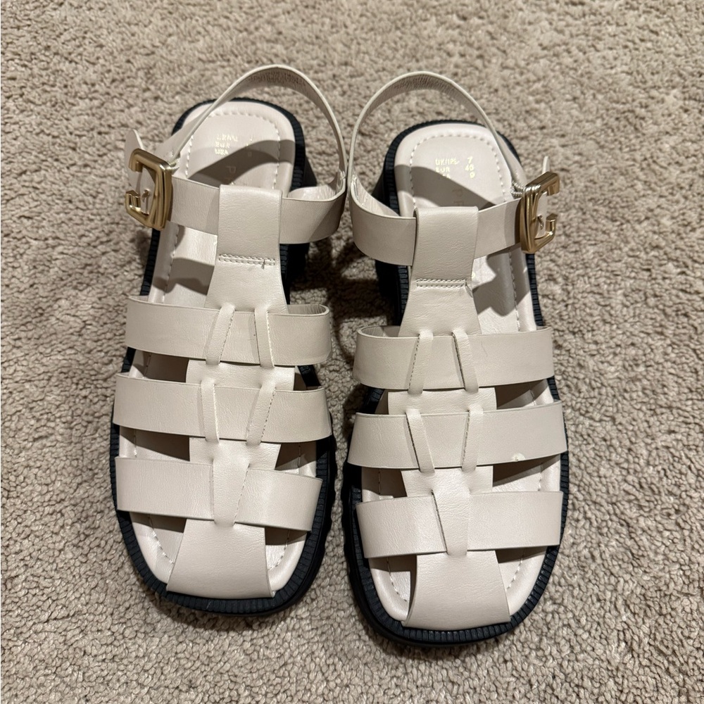 White Strappy Sandals with Gold Buckle